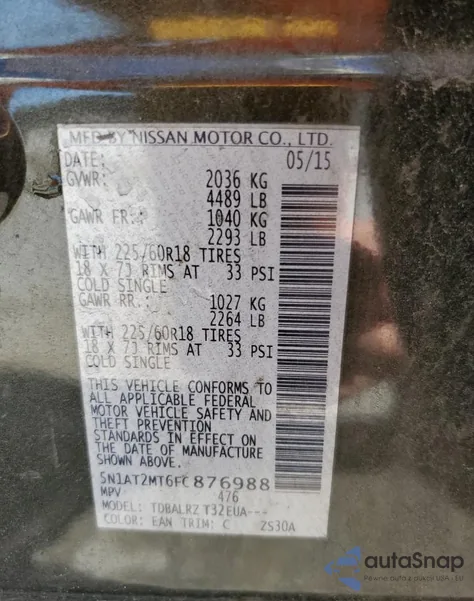 2015 Nissan Rogue S from USA, damaged, VIN 5N1AT2MT6FC876988